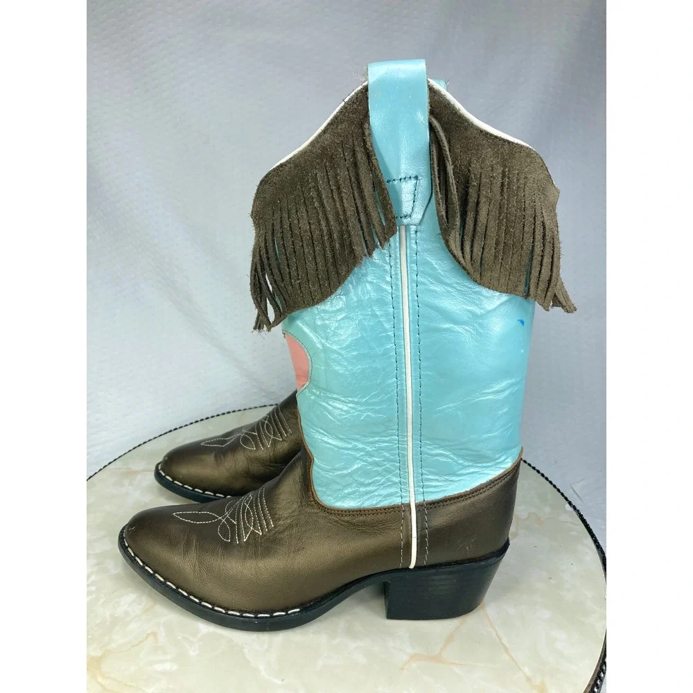 Old West Fringe Leather Western Boots Youth Sz 4.5 Turquoise Bronze Cowboy Rodeo